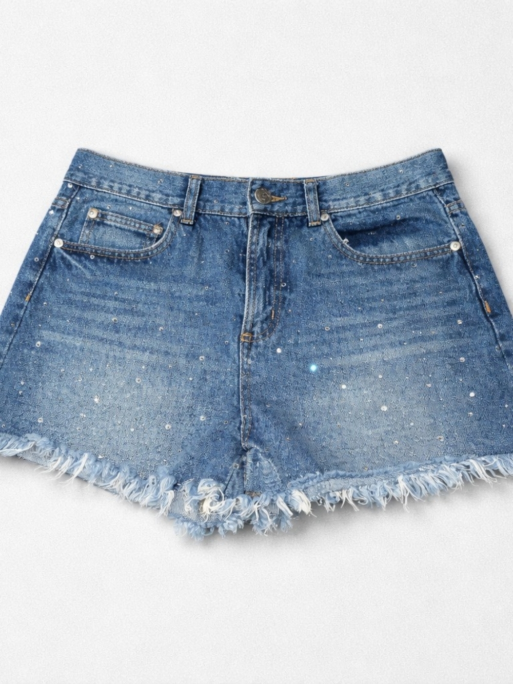 Vocal Apparel Blue Denim Rhinestone Frayed Hem Shorts